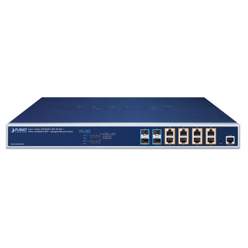 سوئیچ شبکه PLANET XGS-6320-8UP4X با 8 پورت 10GBASE-T PoE++، چهار پورت 10G SFP+، توان 95 وات هر پورت و بودجه PoE 420 وات.